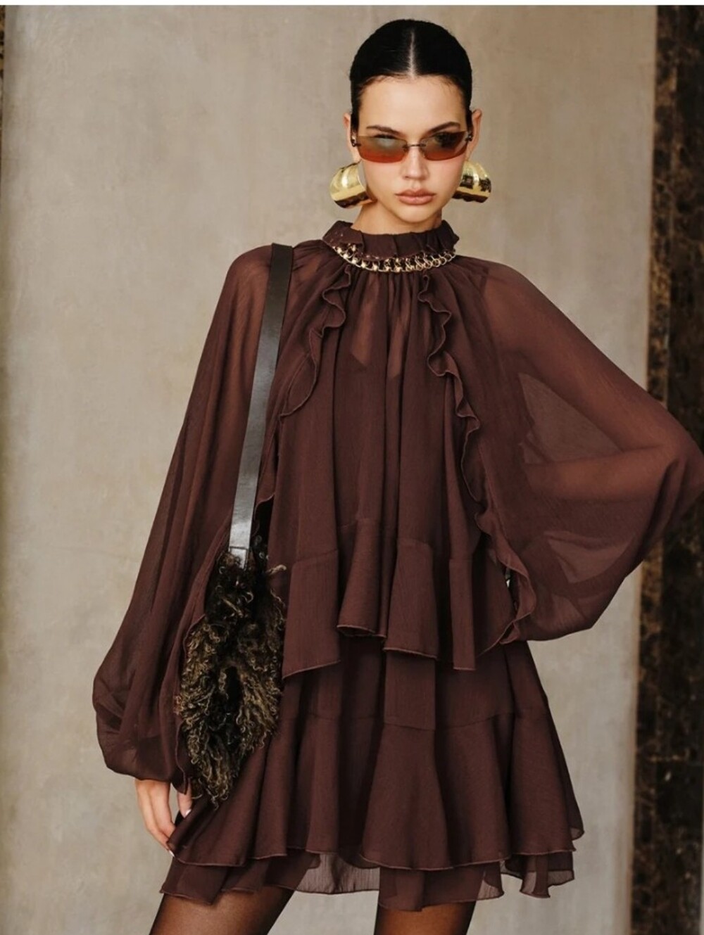 Commense Tiered Ruffle Chiffon Mini Dress Set with Liner